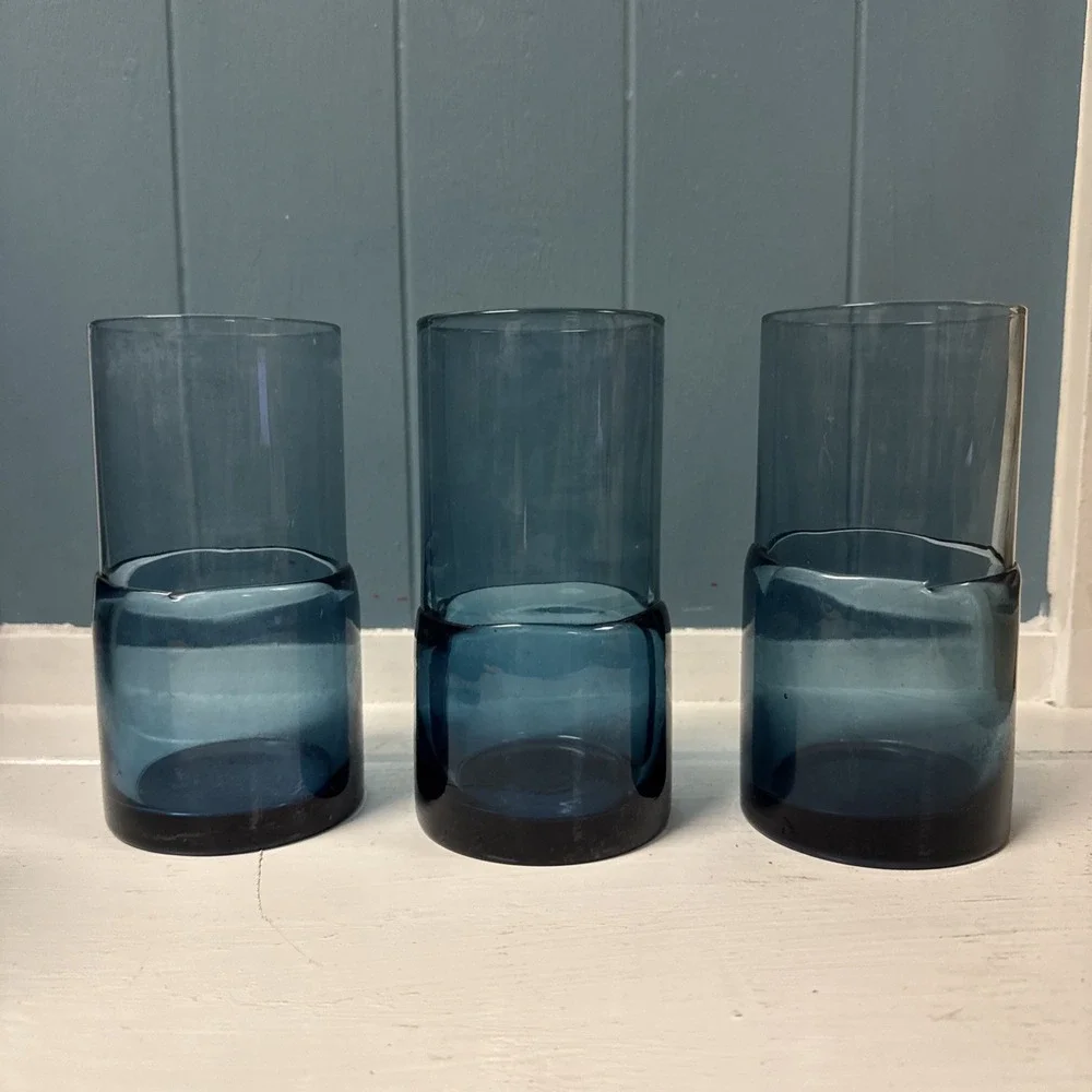 Pier‎ 1 Imports Double Dipped Teal BLUE 3 Hand-Blown Glass Tumblers Replacement